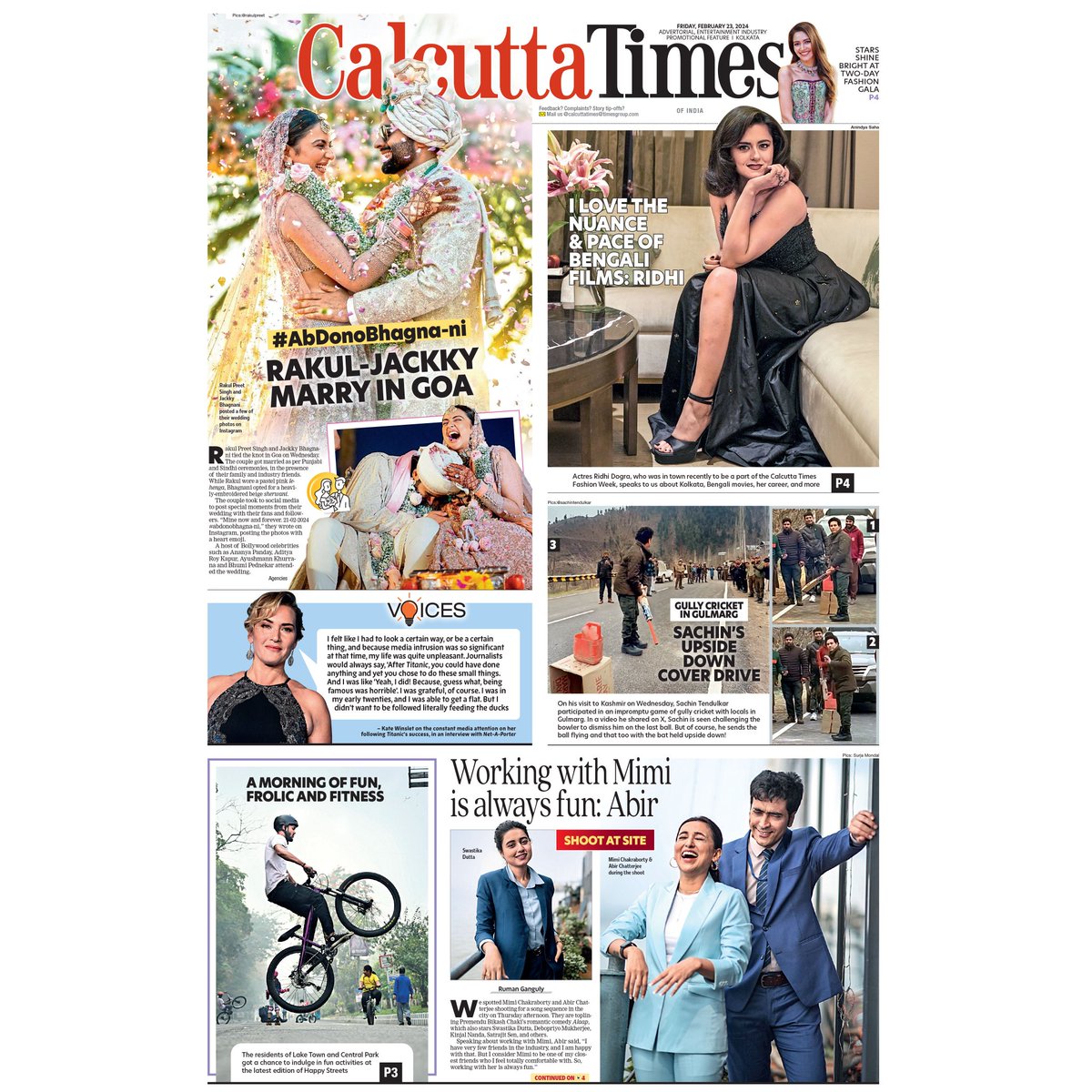 In today's Calcutta Times: Rakul Preet Singh and Jackky Bhagnani tied the knot in Goa, Mimi Chakraborty and Abir Chatterjee to pair up for an upcoming film, an exclusive interview with actress Ridhi Dogra #rakulpreetjackkybhagnani #mimichakraborty #abirchatterjee #ridhidogra