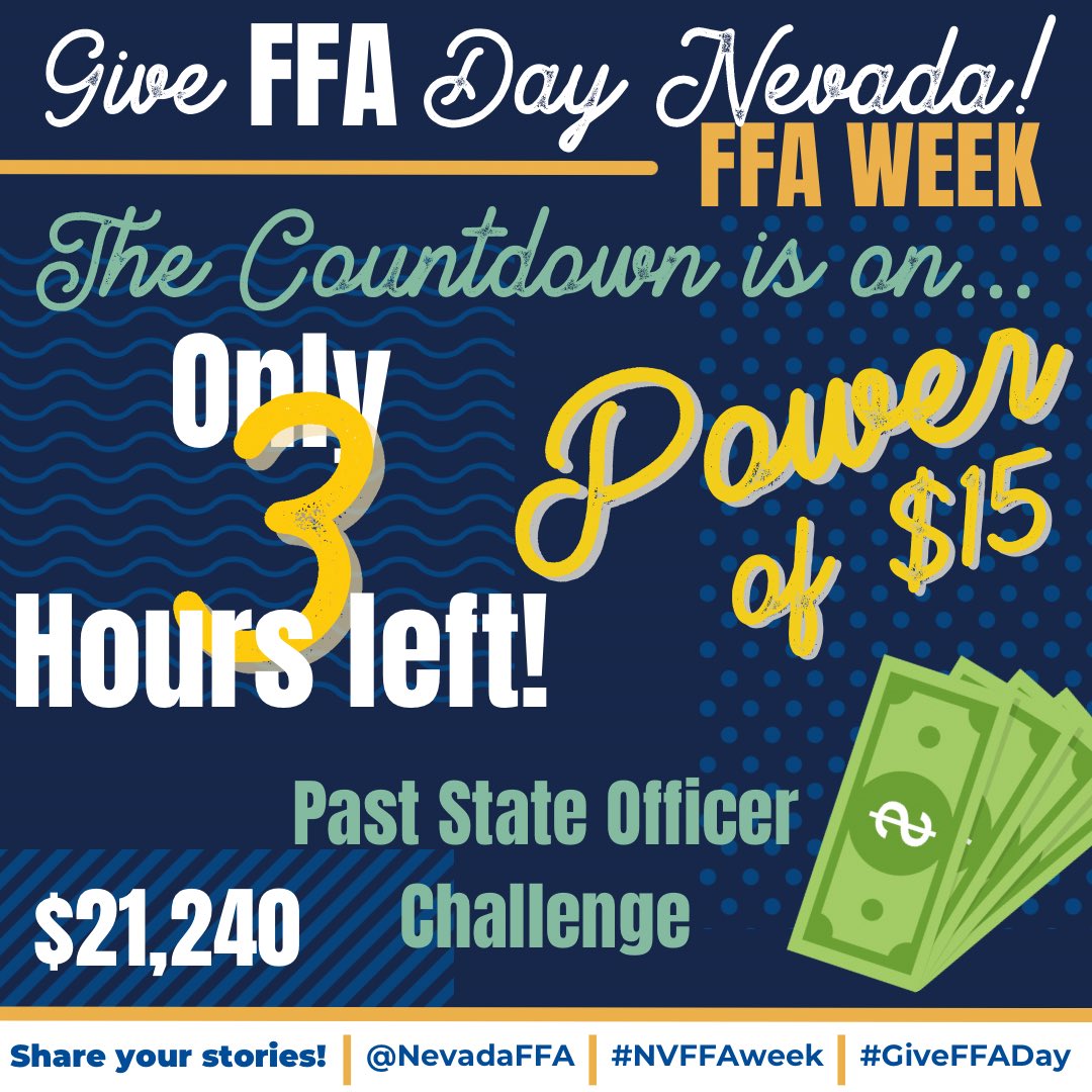 ⏰ The Countdown is on… with only 3 Hour left! 

🫵 We’re challenging all Past State Officers to donate just $15 and show the power of just $15 to help us reach our goal!

🔗 Visit the link in our bio or giveffaday.ffa.org/campaigns/neva…

#GiveFFADay #NevadaFFA