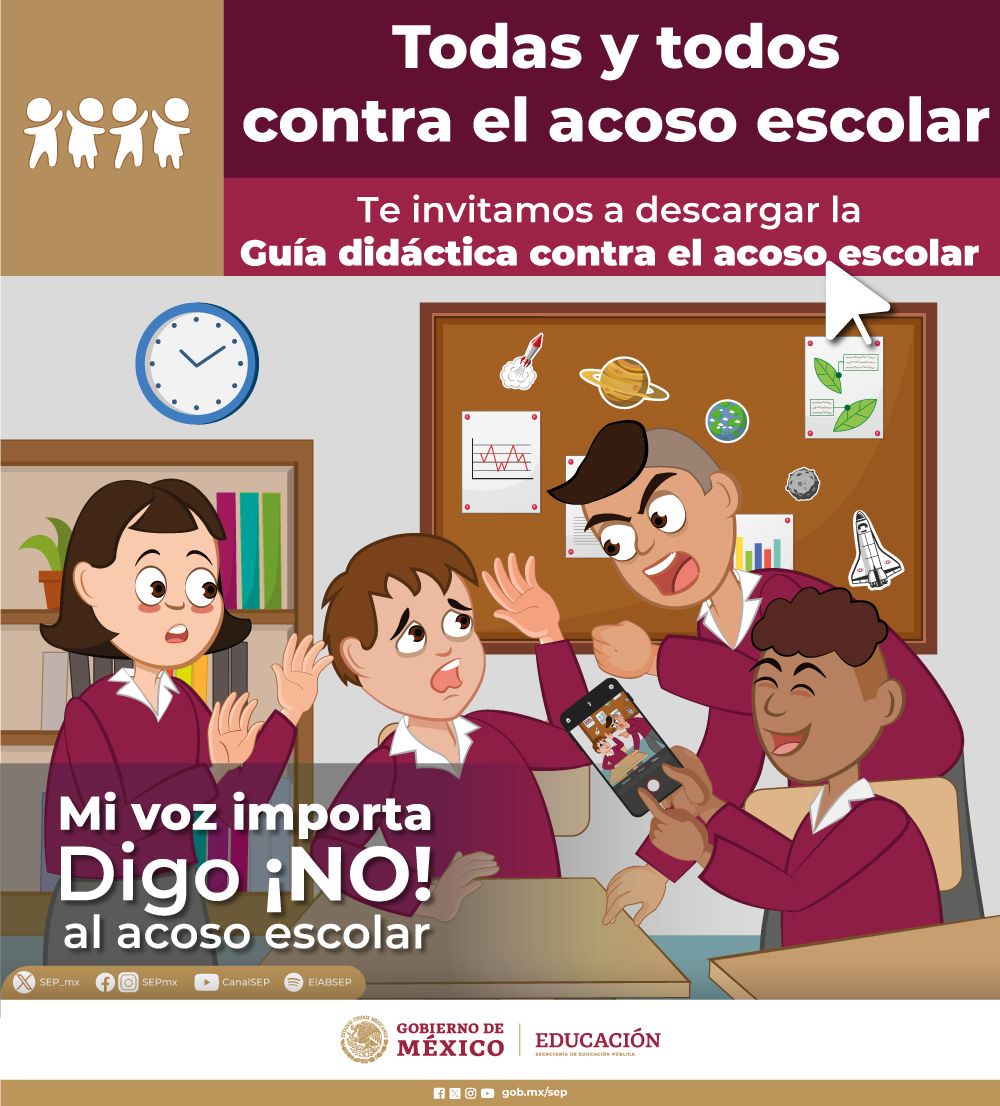 SEP_mx's tweet photo. Todas y todos contra el acoso escolar. En la “Guía para docentes de educación básica” encontrarás:

▪️Medidas de prevención 
▪️Orientaciones para brindar atención

Mi voz importa. Digo ¡No! al acoso escolar 🚫👎#EscuelaLibreDeViolencia

📄Consúltalo:👉https://t.co/1e66IGLQ36 https://t.co/W4ypF8weml