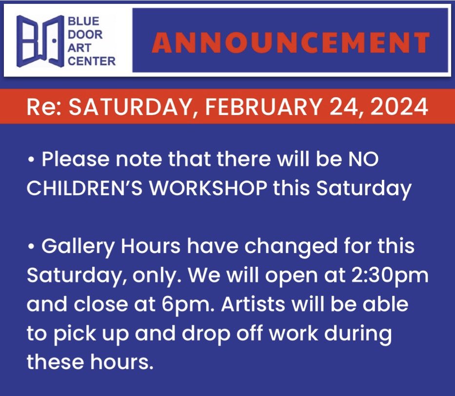 ❗️ANNOUNCEMENT FOR THIS SATURDAY, Feb. 24, 2024❗️
We apologize, in advance, for any possible inconvenience and thank you for your cooperation. 
💙
#thebdac #bluedoorartcenter 
#yonkersartscene #yonkersny
#yonkersdowntown #downtownyonkers 
#announcement #saturdayevents
