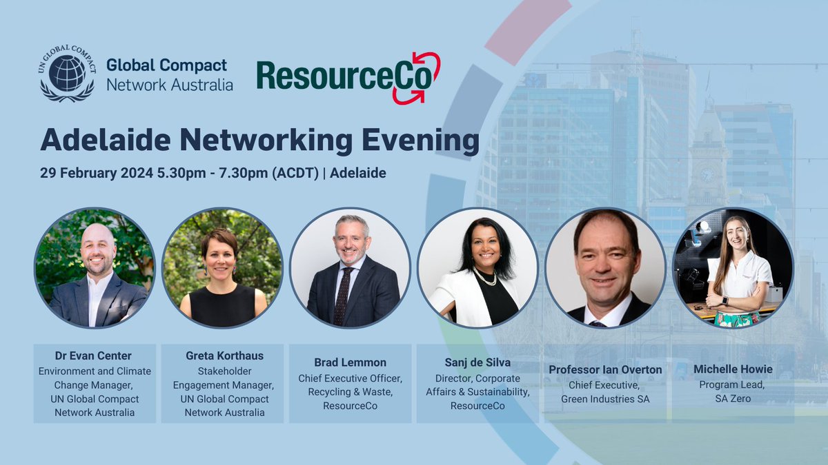 We're thrilled to announce the speakers for our #Adelaide networking evening.

Join us to discuss progress towards the Sustainable Development Goals (SDGs).

Register now: bit.ly/49CLV2U

@C4ADL 
#UNGCNAevents #oneglobalcompact #networkingevening