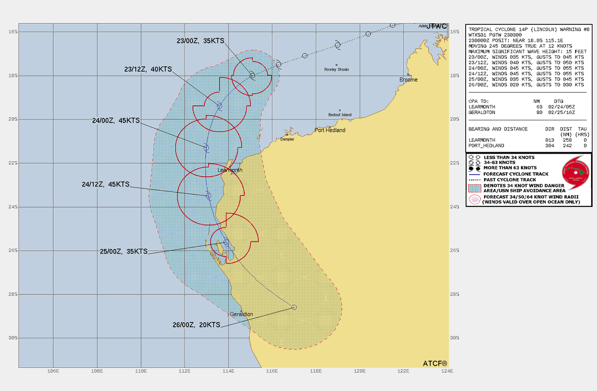 LimWeather's tweet photo. #Lincoln off N #WesternAustralia, #Australia, at 40mph TS, to peak at =>50mph TS SSHWS/C2 Aus Scale #Cyclone in SE Indian Ocean, and head west then turn S, affecting the W WA with potential for life threatening #Flooding rains esp #CoralBay
#Tropicswx #wxtwitter #CycloneLincoln https://t.co/0jQM9HbK3F