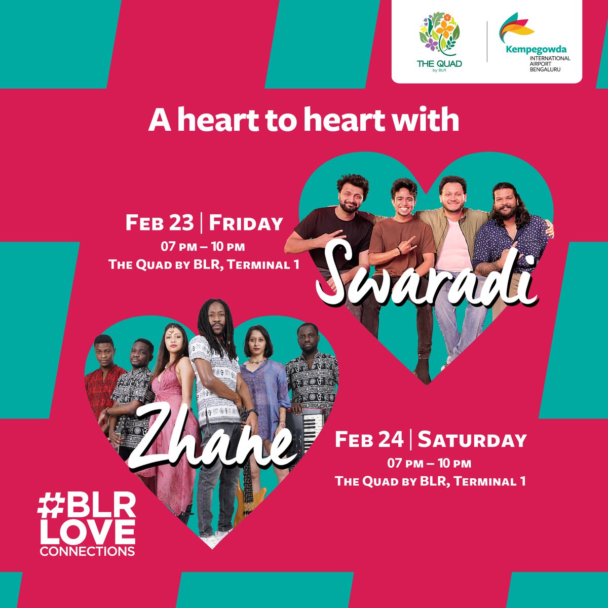 BLRAirport's tweet image. Enjoy musical performance by Swaradi and Zhane with your loved ones only at The Quad by BLR!

#BLRAirport #BLRLoveConnections #RetroNight #LiveMusic #ThrowbackJam #ValentinesDay #ValentinesMood #valentinesdayparty #retromusic #romanticsongs #newagepopsongs #blues #musicfestival