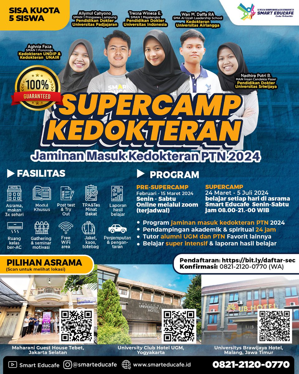 Pendaftaran supercamp kedokteran PTN udah dibuka, nih. Cocok banget buat kamu yang ngaku super-ambis karena belajarnya dari jam 08.00 sampai jam 21.00 WIB everydayyy~ check this out:
#bimbelkedokteran #kedokteran #bimbeljogja
