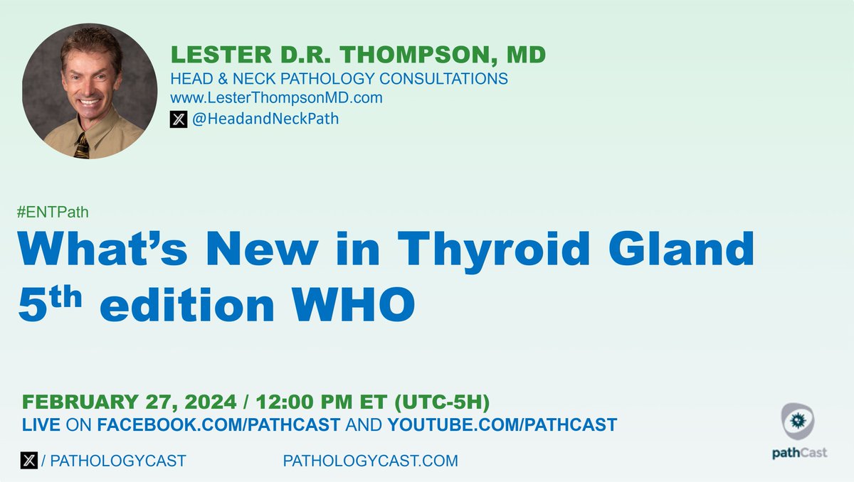 pathCast (@pathologycast) on Twitter photo #ENTPATH What's New in Thyroid Gland 5th edition WHO (Dr. <a href="/HeadandNeckPath/">Lester Thompson</a>, Head & Neck Consultations; lesterthompsonmd.com )
🗓️ Feb 27, 2024 - 12:00 PM (ET, NYC) #ENTPATH What's New in Thyroid Gland 5th edition WHO (Dr. <a href="/HeadandNeckPath/">Lester Thompson</a>, Head & Neck Consultations; lesterthompsonmd.com )
🗓️ Feb 27, 2024 - 12:00 PM (ET, NYC)