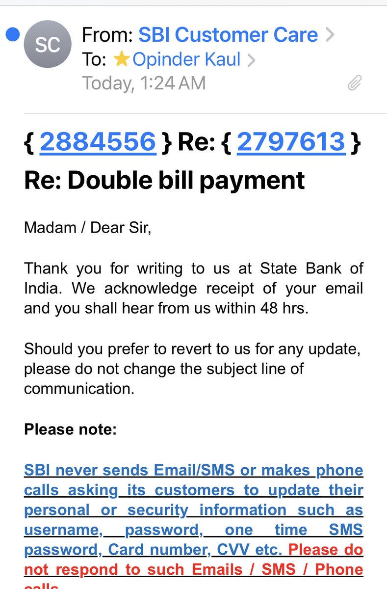 ⁦<a href="/TheOfficialSBI/">State Bank of India</a>⁩ 
Fun automation.
I had raised a complaint,got an auto reply with tkt no2797613 in subject line.
It was advised to reply/ remind without changing subject line. 
Now on reminding, system takes this as new mail and assigns one more no 2884556, thus in loop..