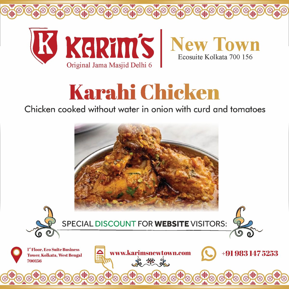KarimsNewTown's tweet photo. Karim's New Town - Eco Suite's Karahi Chicken is a wholesome chicken meal eaten with any indian bread of your choice..

Location Link: https://t.co/W2LX0OmELU
Online orders are accepted on https://t.co/mtXAROjo3c

#butterchicken #kolkata #kolkataculture #bengalicuisine #mughlai # https://t.co/hkLD7zcwv4