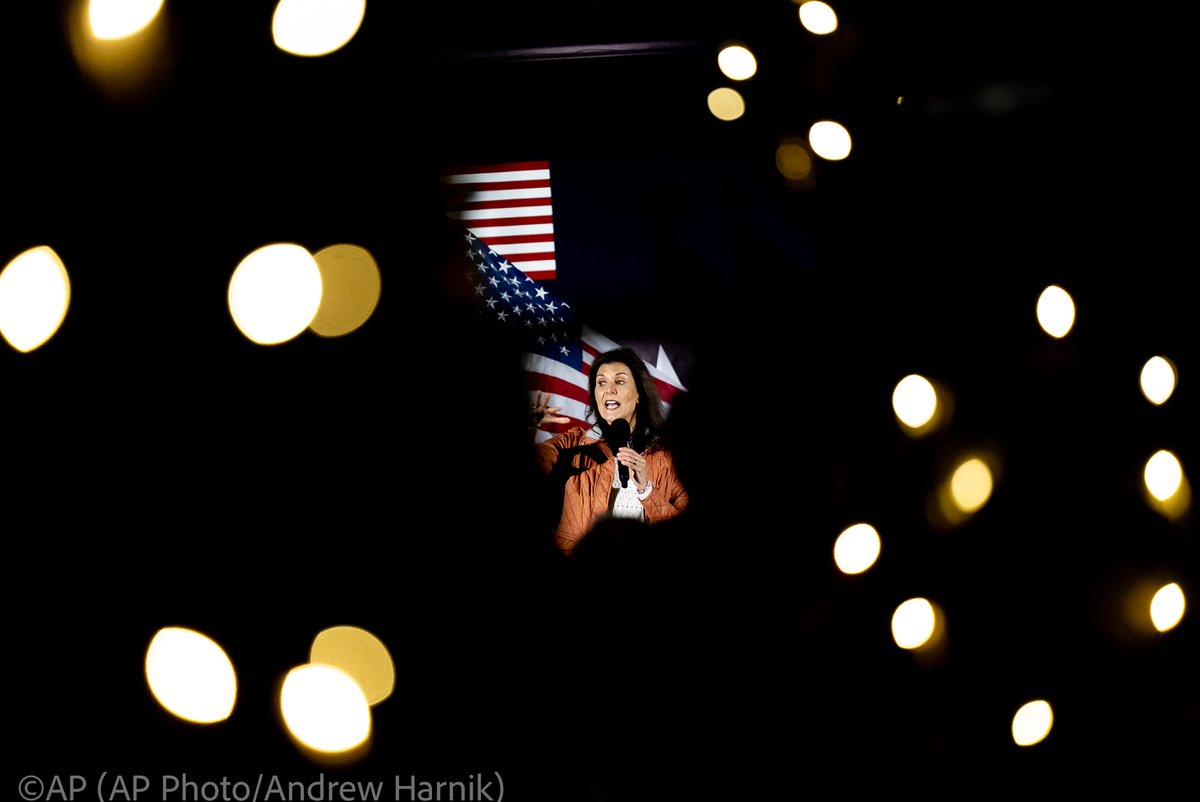 Republican presidential candidate @NikkiHaley, seen through lights, speaks at 44 & King in Myrtle Beach, S.C., Thursday, Feb. 22, 2024. (AP Photo/Andrew Harnik)