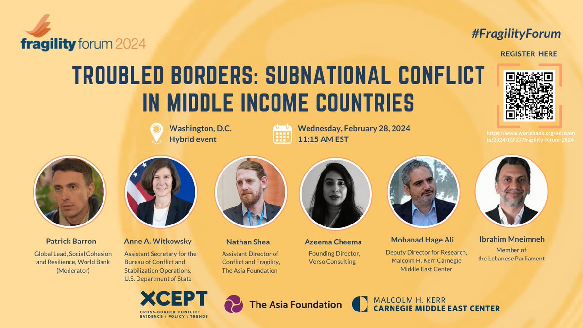 Asia_Foundation's tweet image. Join us at #FragilityForum 2024 w/ @WorldBank &amp;amp; @StateCSO alongside @CarnegieMEC &amp;amp; our @XCEPT_research partners for discussions on cross-border conflict drivers &amp;amp; drawing from locally grounded research and experience from #Asia &amp;amp; #MiddleEast. Register: bit.ly/3UQAUXt