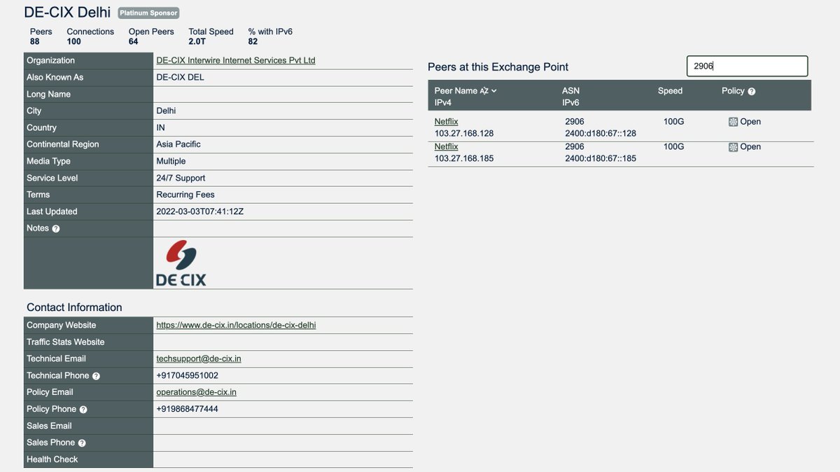 anurag_bhatia's tweet photo. (Earlier this month) Netflix #AS2906 added a 100G at DECIX Delhi - https://t.co/mUCkCCQuvv
Total capacity now at this IXP: 2x100G = 200G.
#Peering https://t.co/QhaBOBHx2F