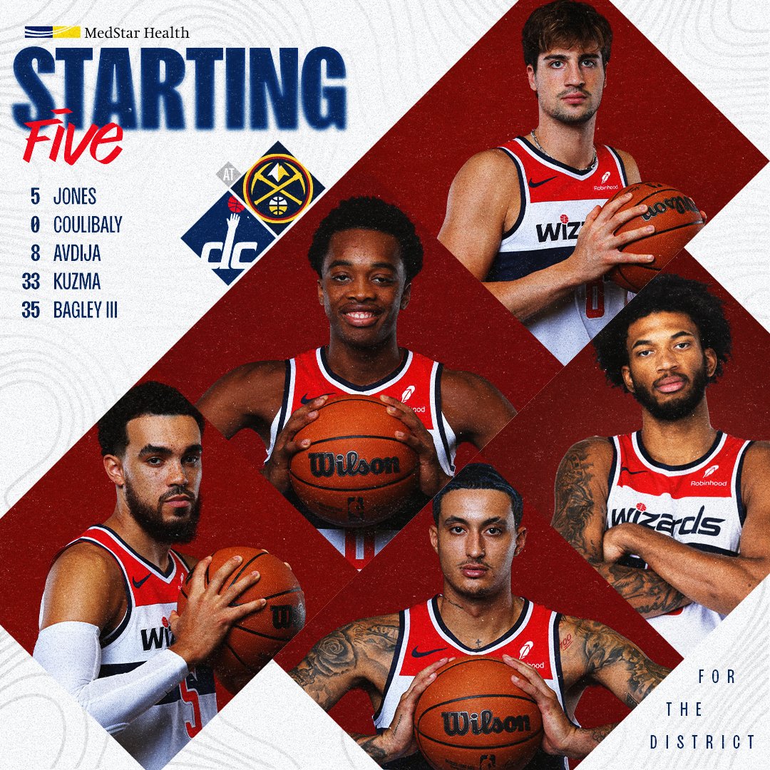WashWizards's tweet photo. Tonight's starting five in Denver.

#ForTheDistrict | @MedStarHealth https://t.co/kDlEJ3gsdj