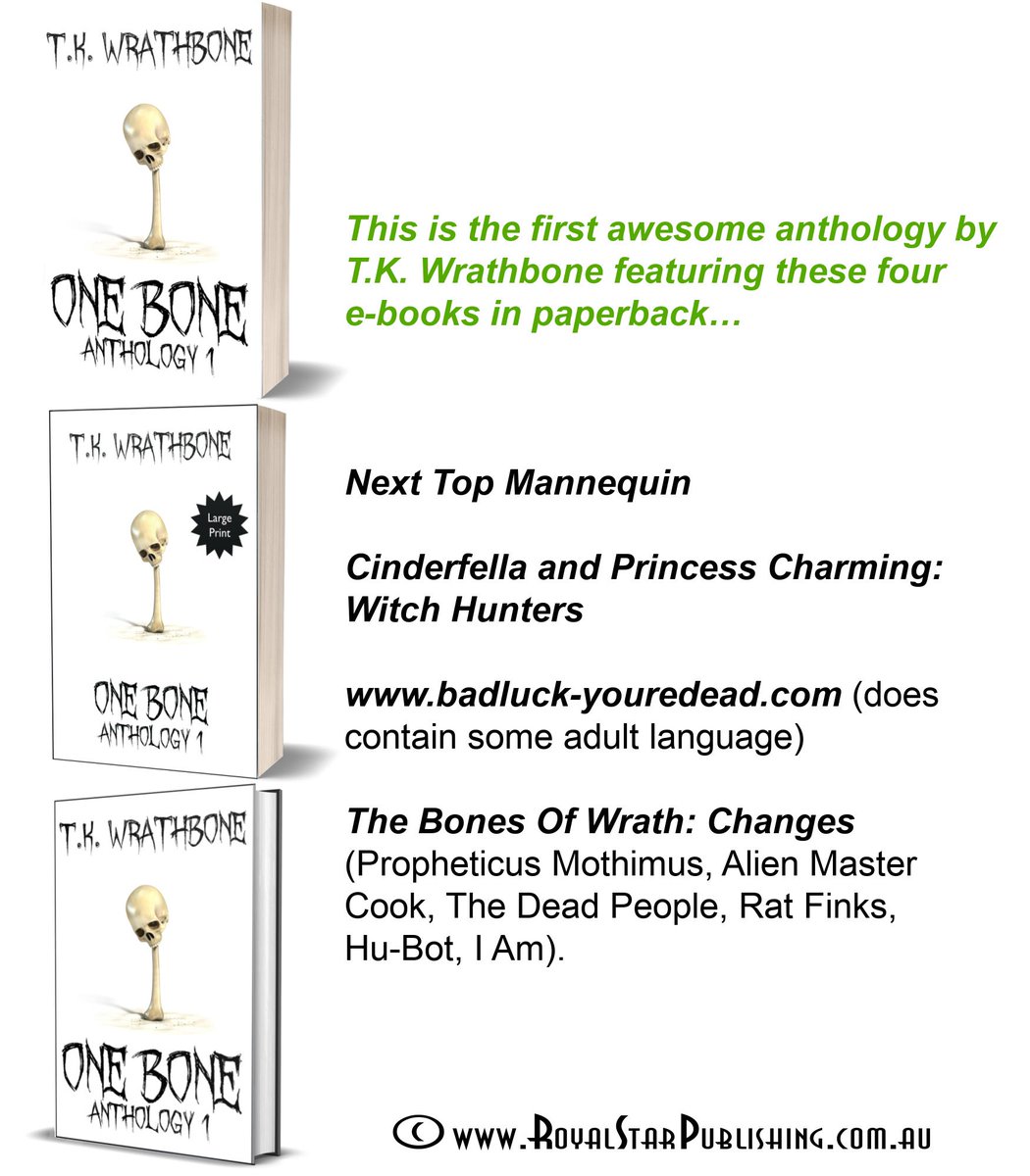 TiaraKingHQ's tweet photo. One Bone: Anthology 1 contains four ebooks rolled into one print book. At all online bookstores.
.
#tkwrathbone #horrorstories #paranormalstories #author #supernaturalstories #onebone #nexttopmannequin #cinderfellaandprincesscharming #badluckyouredead #thebonesofwrathchanges https://t.co/dYjiQkvAKj