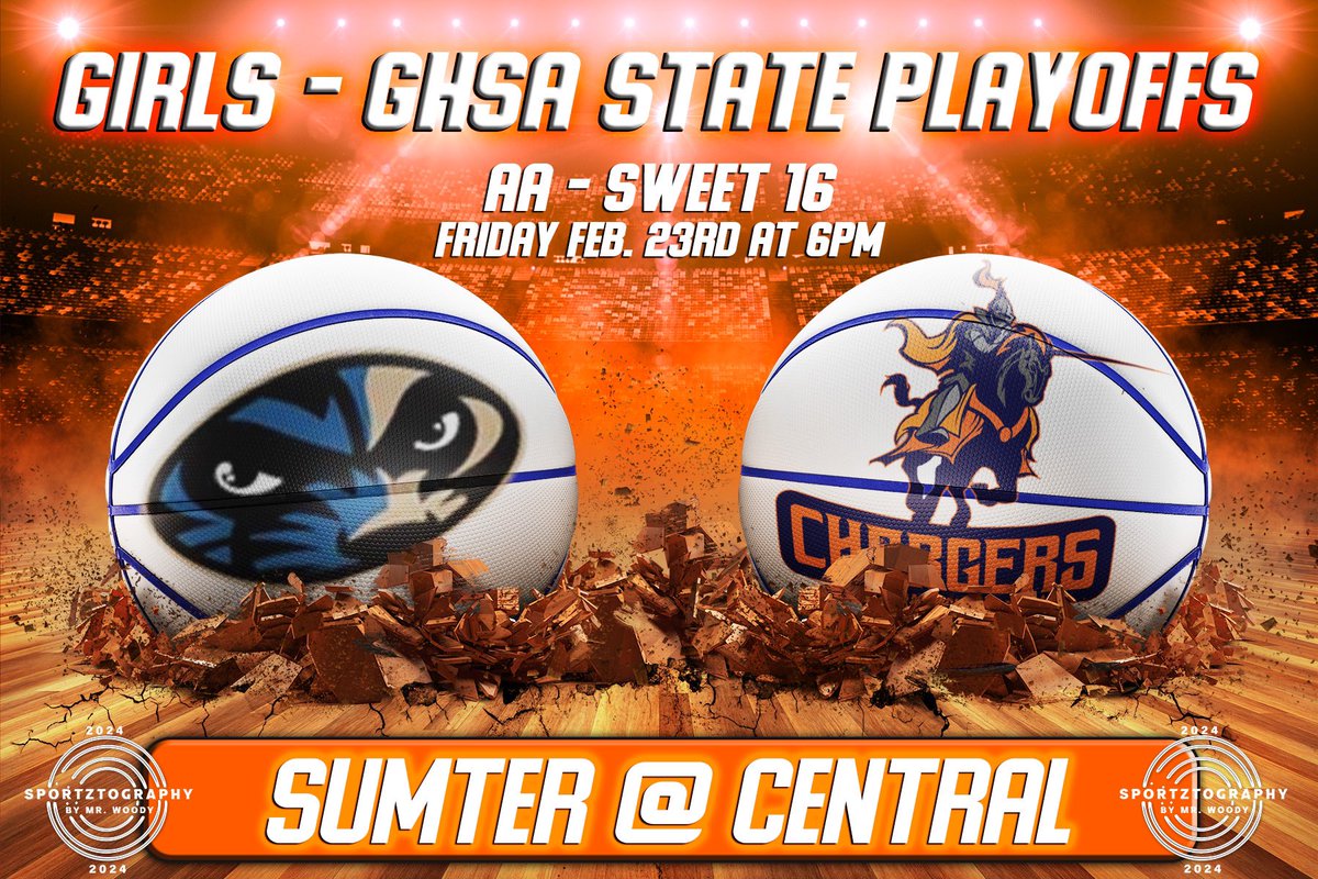 Girls GHSA AA Sweet 16 matchup at C’s House on Friday, Feb. 23rd at 6:00pm. Come out and support the Central Lady Chargers as they host the Sumter Lady Panthers!!! We need to pack the gym. Bring your glow sticks