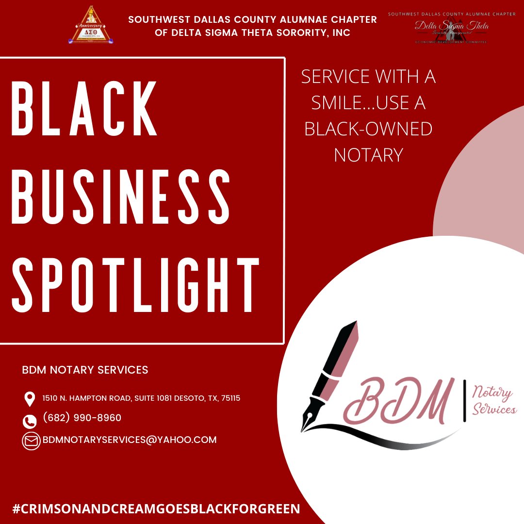 SWDCA_DST's tweet photo. SERVICE WITH A SMILE!  CHECK OUT THESE  BLACK-OWNED BUSINESSES.
#SWDCA
#SWRDST
#CrimsonAndCreamGoesBlackForGreen
#BDMNOTARYSERVICES
#ECLECTICS https://t.co/77FbZpNI2L