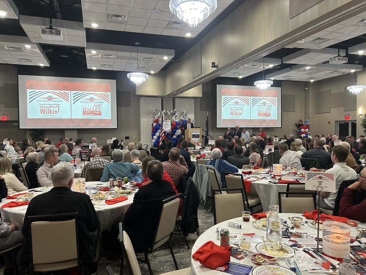 WilkinForOhio's tweet photo. What a great venue and a great turnout here at the Gallia County Lincoln-Reagan Day Dinner. I am proud to know and represent outstanding Americans like you and with your vote I will continue to produce real results for Southern Ohio as your next Congressman! https://t.co/fo7s8LVy1w
