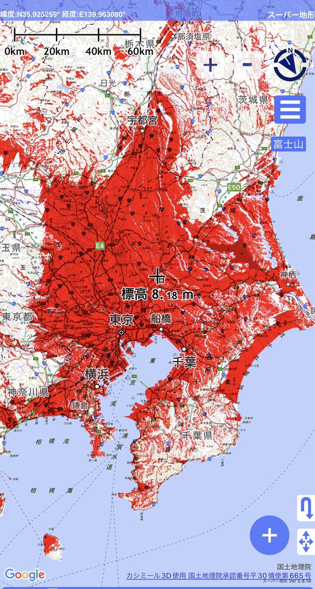 富士山がどこから見られるかを色分けした「富士山可視マップ」は