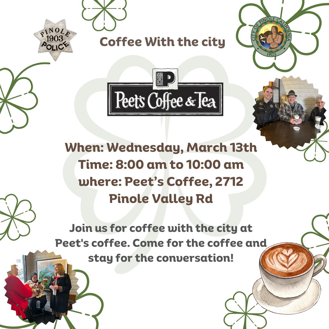 CityofPinole's tweet photo. Save the date for Wednesday, March 13. The City will be at Pete's Coffee on Pinole Valley Road. Join us for casual conversation, coffee and fellowship!

#coffee #CoffeeWithACop #citycoffee #conversation #networking #fellowship #community #casual #stopby #cityofpinole #pinoleca https://t.co/bKN1ZhiZDf