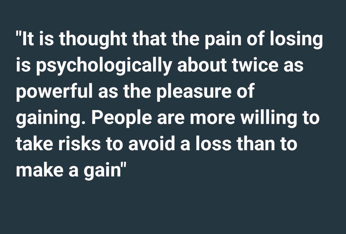 Do you know that
'The pain of loss is psychologically about twice as powerful as the pleasure of gaining.'

#PersonalFinance #BehavioralEconomics 
#StockMarketindia 
#stockmarkets