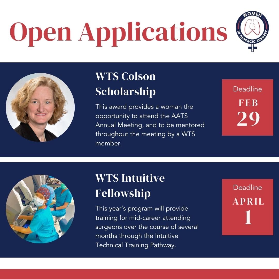 Apply now for the WTS Colson Scholarship and WTS Intuitive Fellowship! These two incredible opportunities are available to our members to provide mentorship and training to women #CTSurgeons. Visit wtsnet.org to find out more and submit your application today.