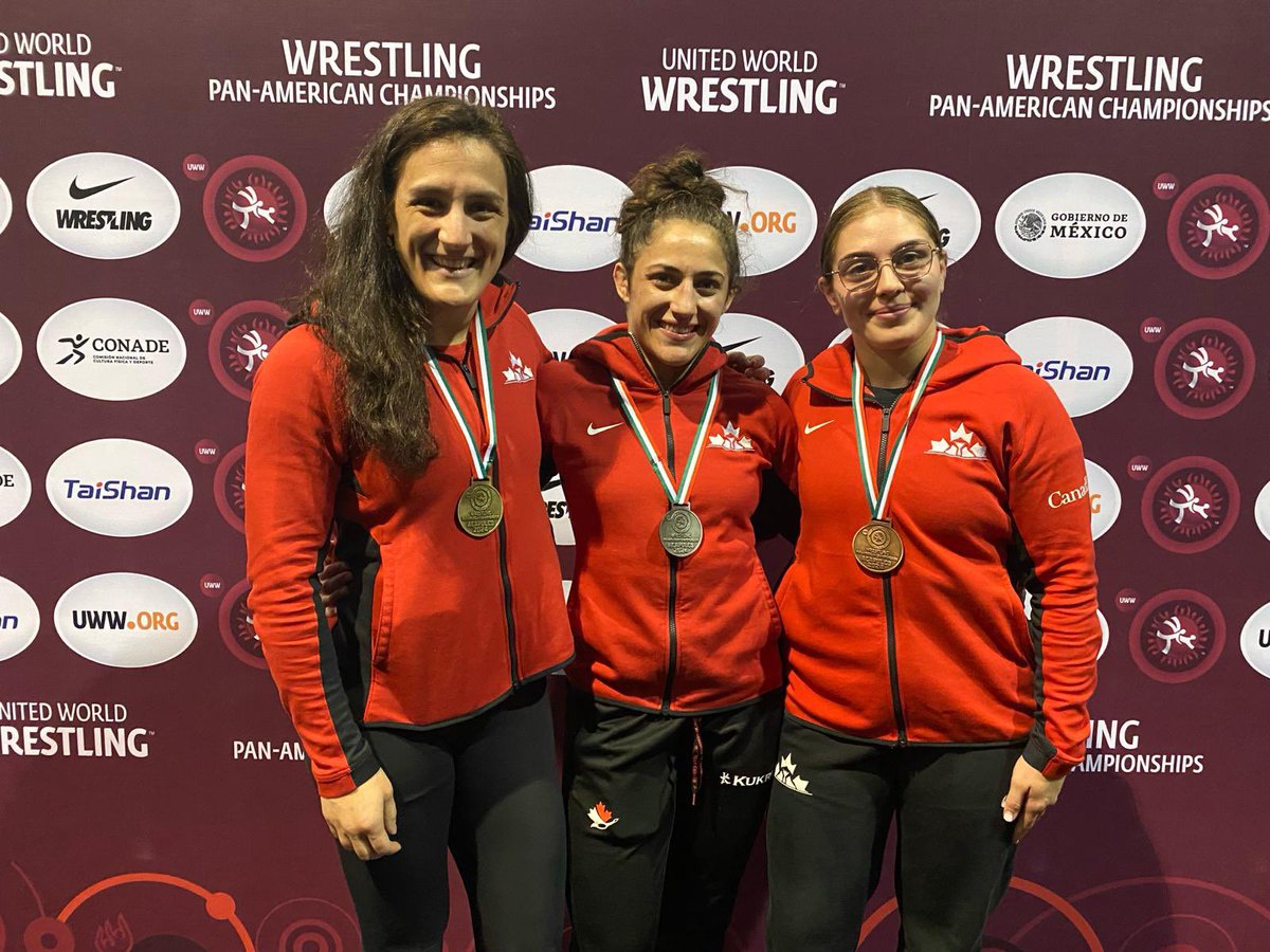 The Canadian 🇨🇦 medalists from today at the Pan-Am Championships! Congrats to Olivia Di Bacco 🥇 Ana Godinez Gonzalez 🥈 and Katie Mulkay 🥉#WrestleAcapulco