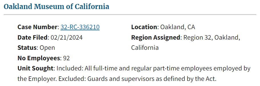 NEW: 92 workers at the Oakland Museum of California are forming a union and seeking to join <a href="/AFSCME/">AFSCME</a>.