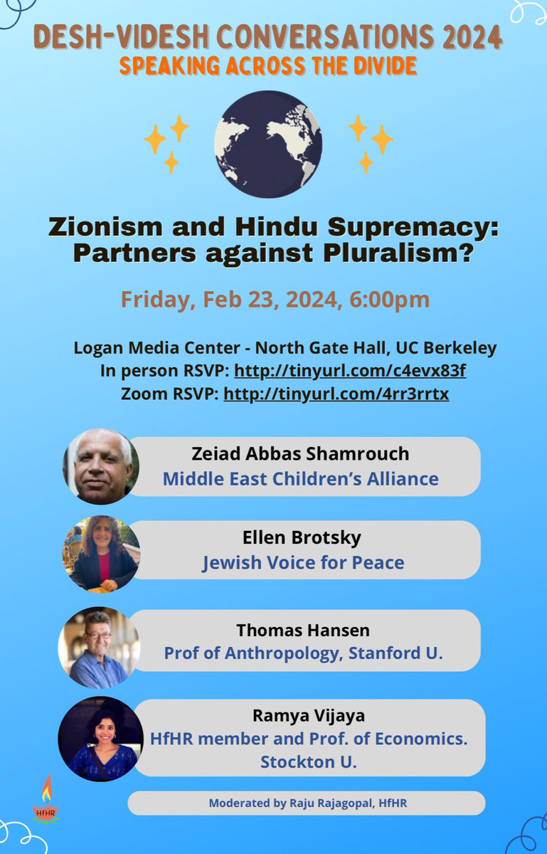 SAJABerkeley's tweet photo. The South Asian Journalists’ Association is helping organize a panel discussion on the parallels between Zionism and Hindu Supremacy from 6 to 8 pm on Friday, Feb 23 at the LMC, North Gate Hall. We hope to see you there! https://t.co/cohaWU6VIV