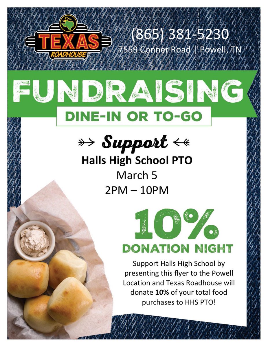Mark your calendars for TUESDAY MARCH 5th! Dine 2pm to 10pm at Texas Roadhouse (Powell) and 10% of sales will be donated to Halls High PTO! This includes DINE-IN and TO-GO orders.
BE SURE TO PRESENT THIS FLYER! 

Invite your family and friends! 
<a href="/HallsHighTN/">Halls High School</a>