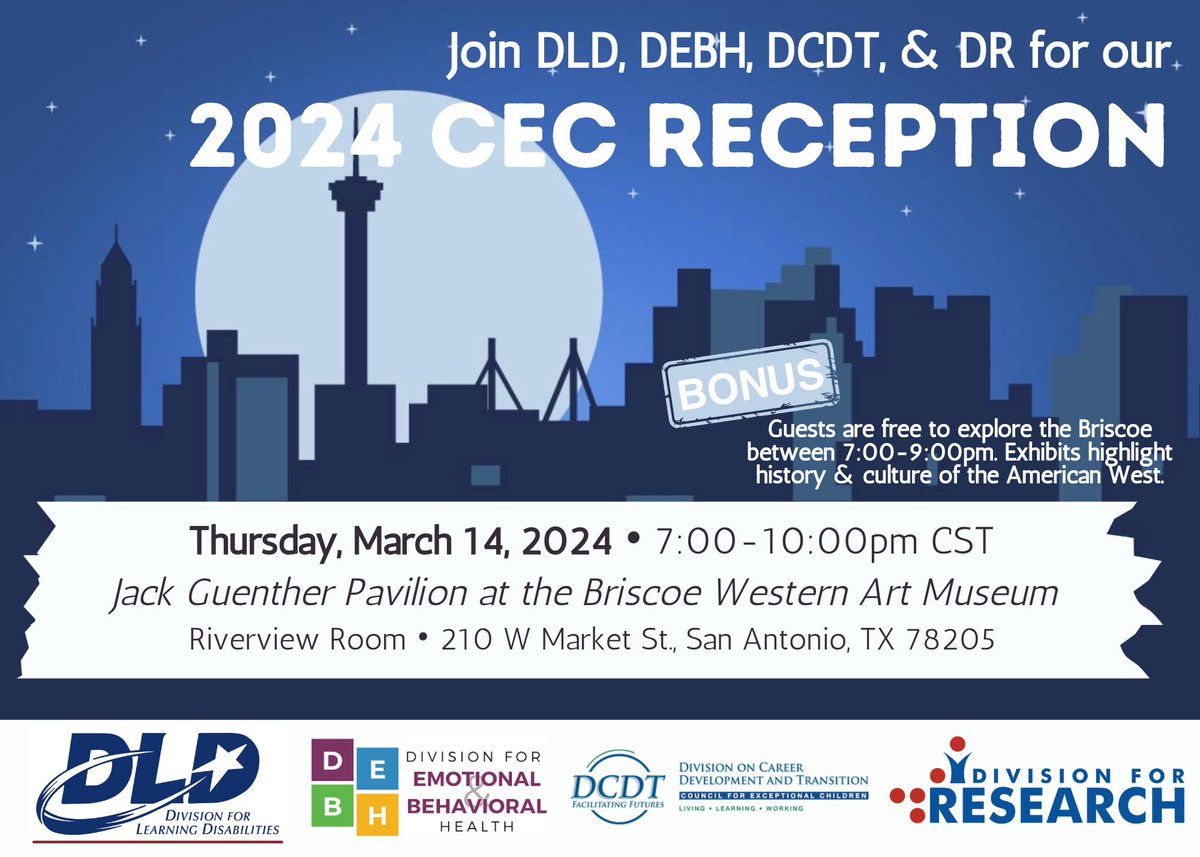 Join DLD, DEBH, DCDT, and DR for our @CECMembership reception on Thursday, March 14 at 7pm at the Briscoe Western Art Museum. We hope to see you there! @DCDT_CEC @DEBHmembers @CECDResearch