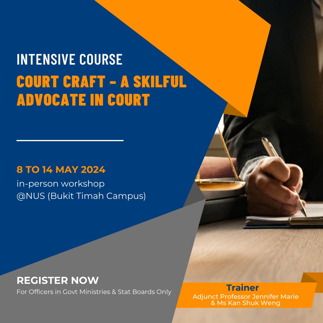 This 5-day intensive workshop, intended for officers working in Govt Ministries & Statutory Boards involved in prosecutorial work, aims to equip participants with skills to be persuasive advocates in the courtroom. More details: t.ly/duEAv SFC claimable | Apply Now!