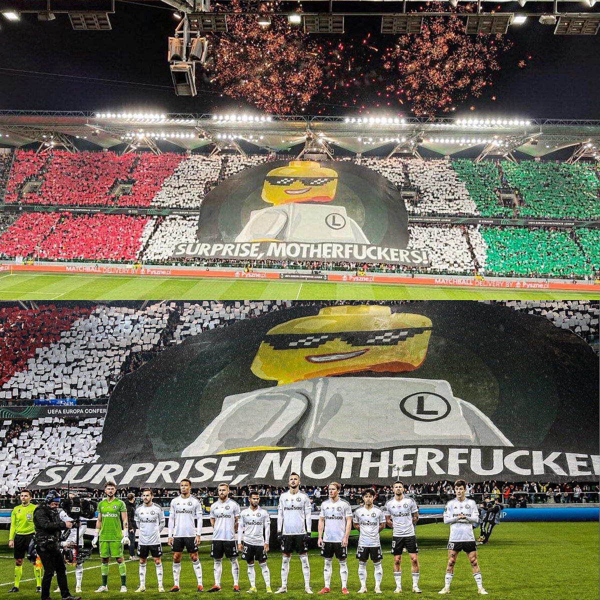 Juezcentral's tweet photo. La UEFA había sancionado al Legia de Varsovia con el cierre de la tribuna de los ultras por pancartas provocativas y uso de pólvora. ¿Qué hicieron los ultras? 

Pagaron la entrada en la tribuna general y desplegaron esta pancarta. SORPRESA... https://t.co/iTrR3M2fNa
