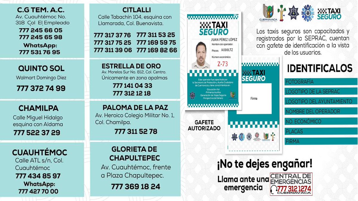 24_morelos's tweet photo. TOMA UN TAXI SEGURO EN CUERNAVACA; TE COMPARTIMOS EL DIRECTORIO DE SITIOS CERTIFICADOS

Con el objetivo de brindar seguridad a la ciudadanía que usa el transporte público, el ayuntamiento de @CuernavacaGob  capacitó a choferes de diferentes sitios de taxis, a través de la Secretaría de Protección y Auxilio Ciudadano, como parte del programa “Taxi Seguro Cuernavaca”.

Puedes solicitar el servicio de taxi seguro llamando a los sitios registrados en el directorio de este programa, en el que todos los choferes portan un gafete de identificación distintivo con su nombre siempre a la vista.