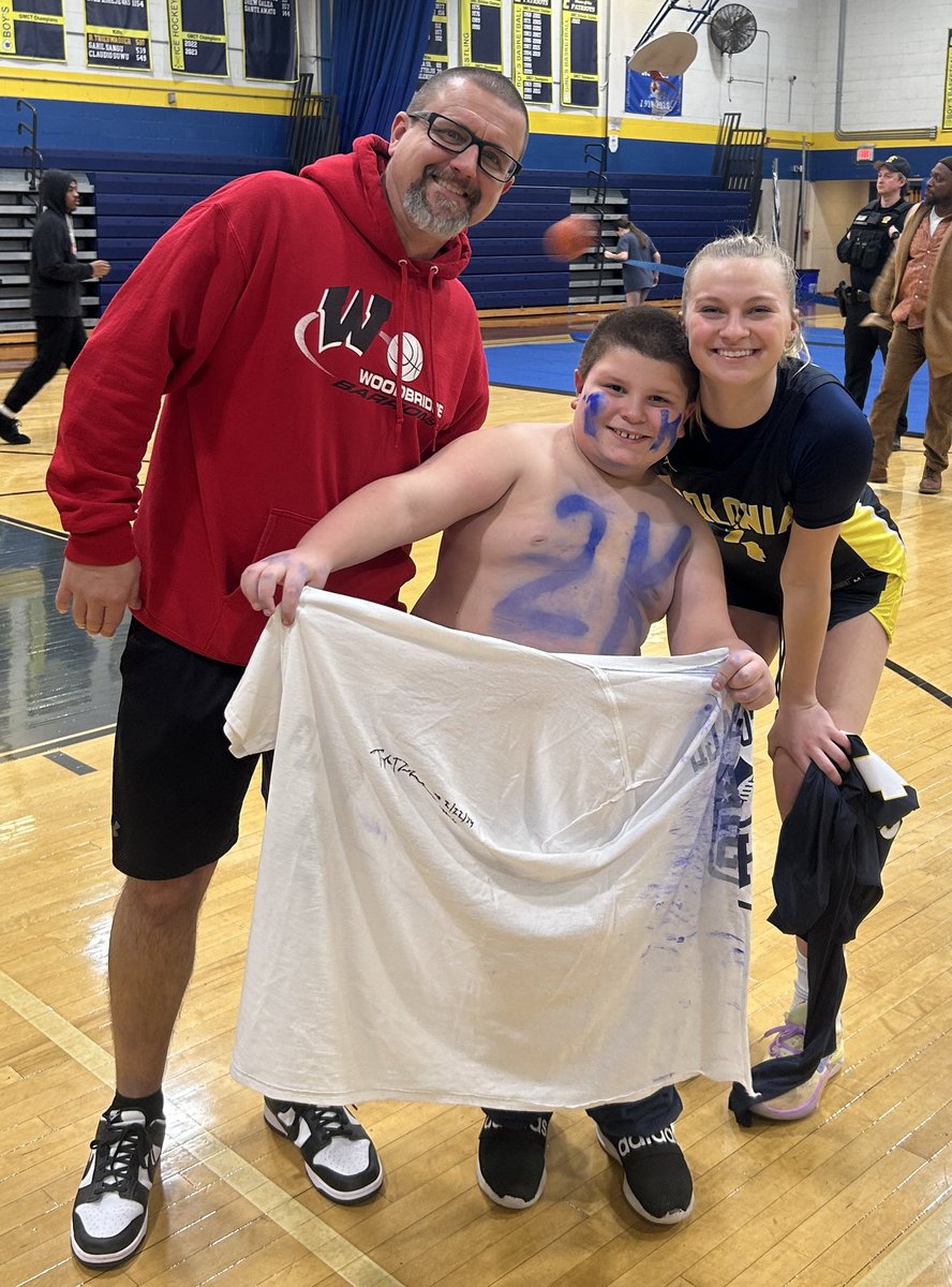 WHSTiminski's tweet photo. Congratulations to Taylor Derkack on scoring 2,000 pts! First girl or boy in Woodbridge Township history! Great player and even better person!! 
Zack “2K” Blash was her biggest fan tonight and a crowd favorite ❤️🏀 https://t.co/bzyDsSXvt8