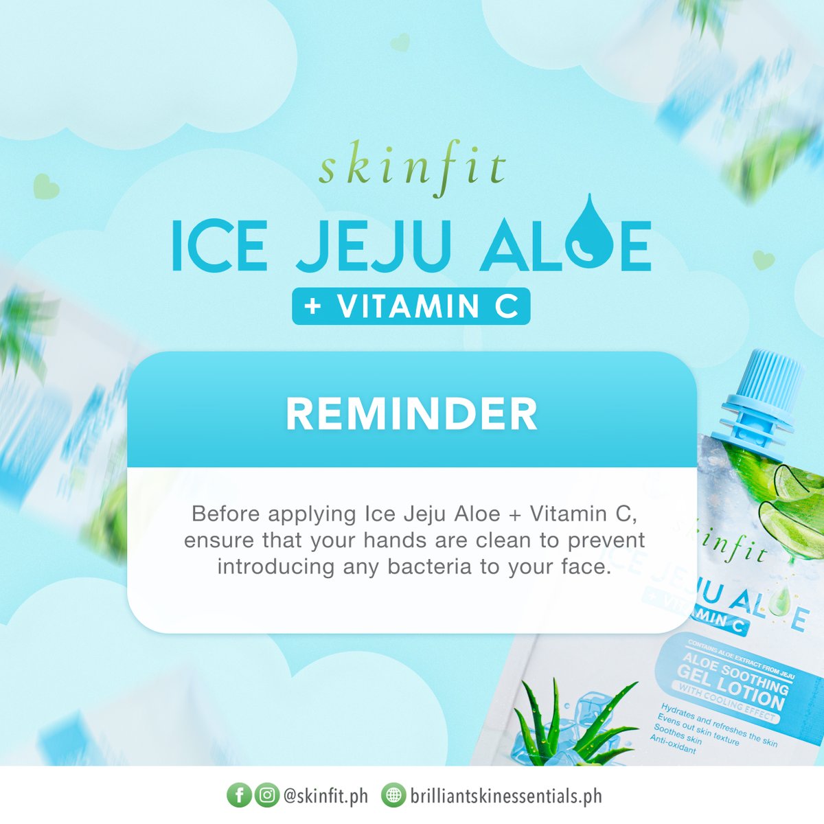 BRILLIANT REMINDER! ✨

Prior to using Ice Jeju Aloe + Vitamin C for hydration and a glowing complexion, ensure your hands are clean to avoid introducing bacteria to your face. 💚

#SkinFitPH 
#BrilliantSkinEssentials