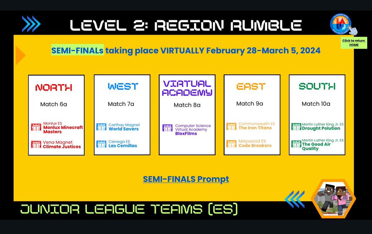 We are so excited that Monlux Minecraft Masters, will be advancing to the SEMI-FINALS of the Region Rumble! #MinecraftCompetition #LevelUpLA #teamwork @LASchoolsNorth @Monlux_Elem @MsDamonte