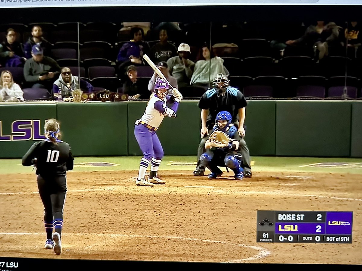 The Boise State softball team is tied in the bottom of the 9th at No. 6 LSU. Game is airing on SEC Network +, which is accessible on the ESPN app. Huge opportunity for @JustinShults33 and @BroncoSportsSB.