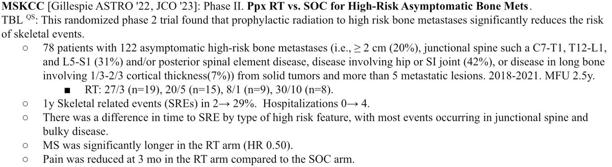 Remarkable study! Criteria for asymptomatic high-risk polymetastatic bone mets include: 📌 >2 cm (“bulky”). 📌 Junctional spine/posterior spinal elements involvement. 📌 Hip, shoulder, or SI joint disease. 📌 Long bone mets affecting 1/3-2/3 cortical thickness. #radonc #AMSM