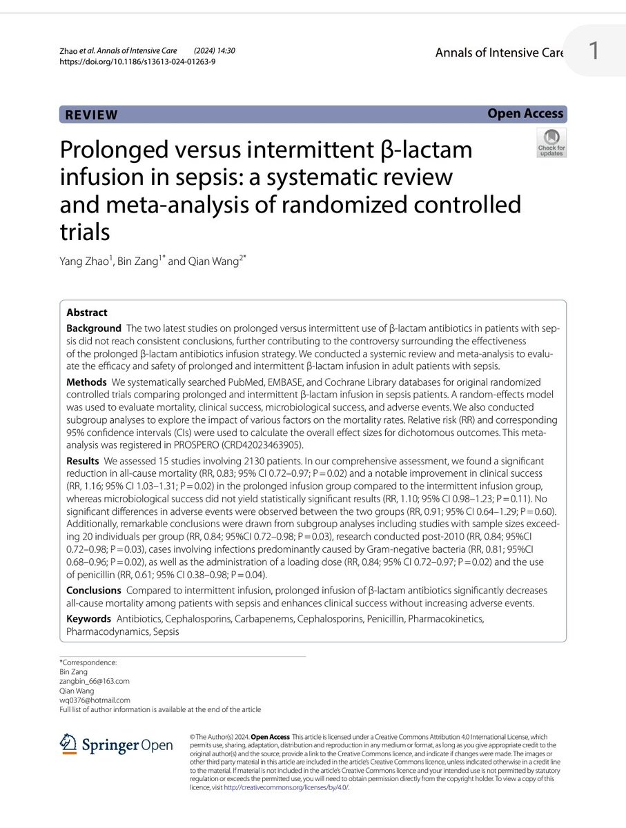 🔰☝️😀β-lactámicos en la sepsis: Infusión prolongada VS  intermitente. ¿Es igual  la eficacia?
Revisión sistemática y metanálisis de ensayos controlados aleatorios. 
5️⃣PUNTOS EN UCI: 
☝️😀Cambios farmacocinéticos: 
👇HILO🧶
annalsofintensivecare.springeropen.com/articles/10.11…
🔓🗝
acrobat.adobe.com/link/track?uri…