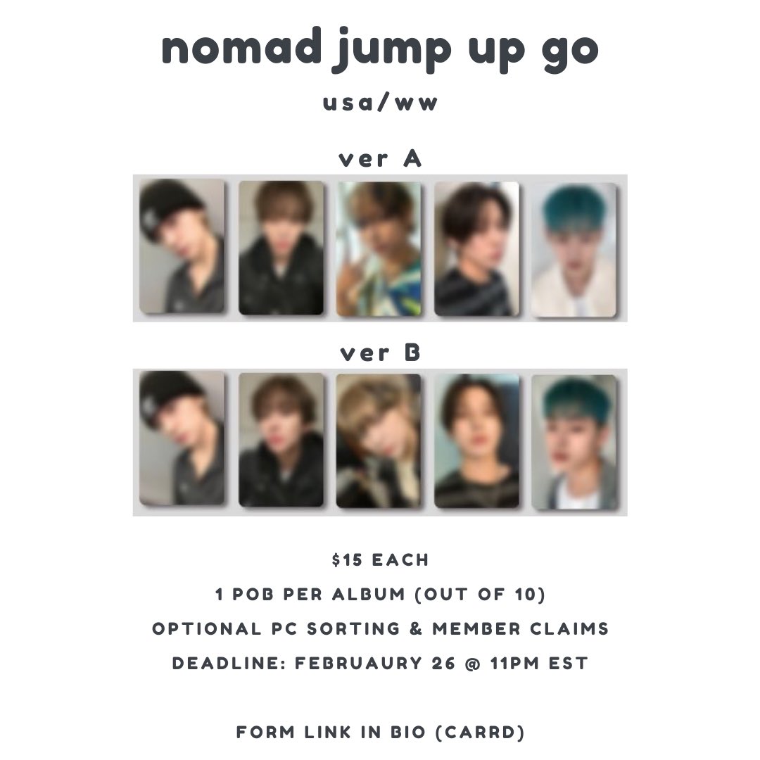 to1gos's tweet photo. (usa/ww) nomad flnk + jump up go

🧸 price:
☆ album w/ pob: $15 each

🧸 closes feb 26 @ 11pm est

🧸 optional pc sorting + member claims
— dm to claim!!

💭 please share/rt <3 

📥 forms
flnk: https://t.co/fVSDT7cZu6

jump up: https://t.co/IstkSBY7ey https://t.co/HYlaZW7FFa