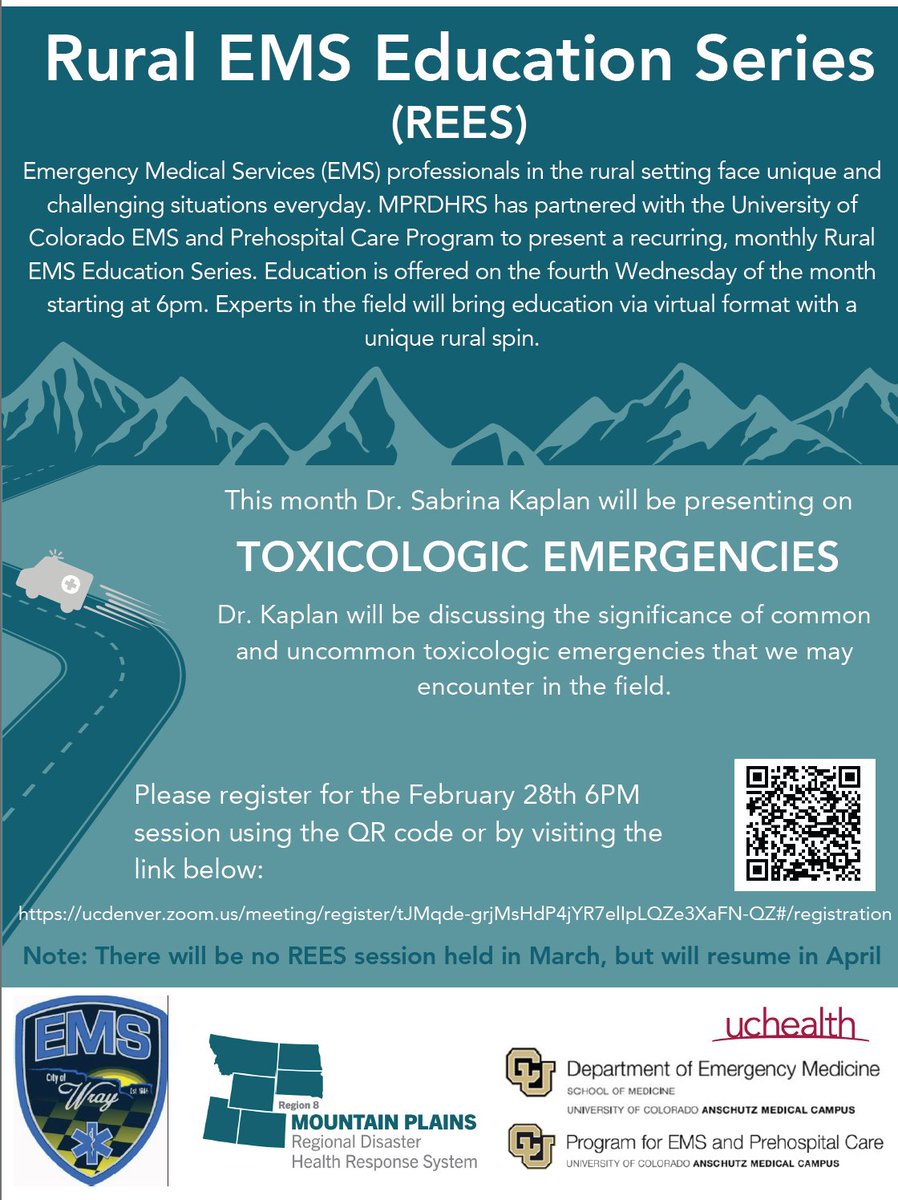 🏳️Join us for the February Rural EMS Education Series with Dr. Sabrina Kaplan on Toxicologic Emergencies.

⏲️When? Wednesday, 2/28, at 6pm MST.  

✅Register here: bit.ly/3u84ahj

🎬Past sessions can be viewed here: bit.ly/49FhN6O