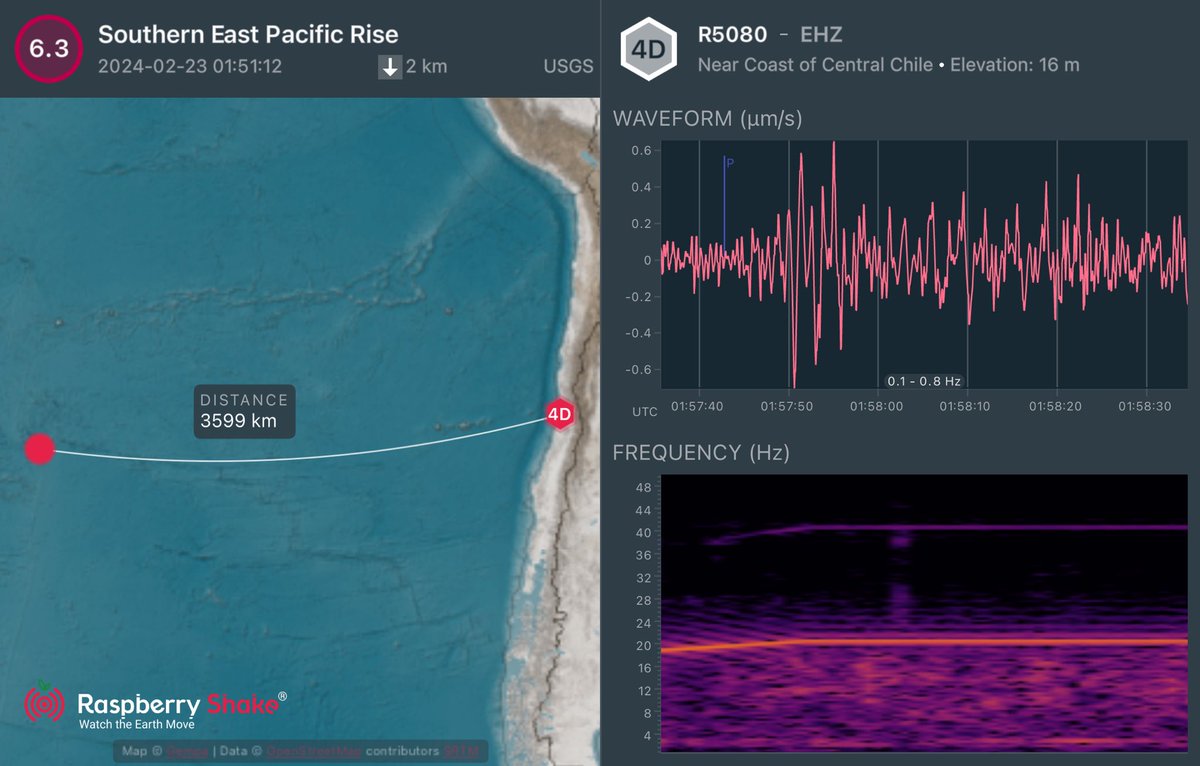 verdeptune's tweet image. #Sismo M6.3 con epicentro en el Océano Pacífico Sur, registrado por mi estación AM.R5080 ubicada en Viña del Mar, Chile.

El #temblor ocurrió a las 22:51 del 22 febrero 2024 Fecha de Chile, y las ondas P llegaron a las 22:57 

@raspishake 

#ShakeNet #Earthquake