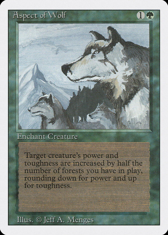 orcish_dreams's tweet image. MTG Card: Aspect of Wolf  #wotc
An early green buff card, this baby still works magic. Especially on theme for my wolf deck.