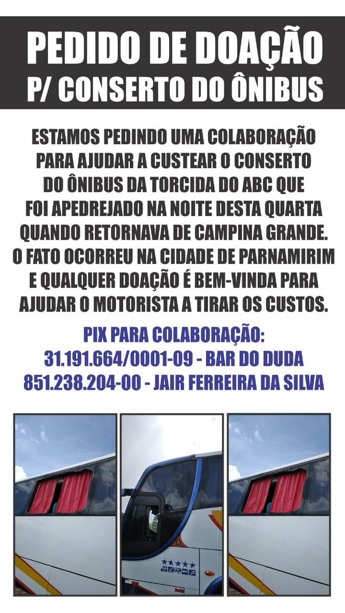 CentralABCFC's tweet photo. VAMOS AJUDAR FORMIGA!

Eu estava no ônibus atacado, felizmente os danos foram somente materiais. Toda ajuda é bem-vinda, inclusive um RT! https://t.co/moO5w3rFYK