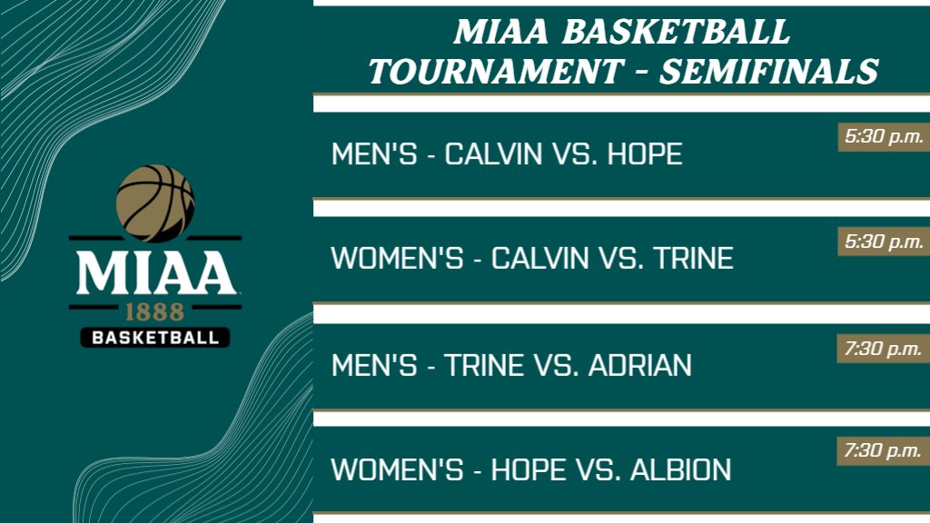 We're getting closer to finding out who the 2024 #D3MIAA Basketball Tournament champions are with four semifinal games scheduled for tonight 🏀 ...Are You Ready For It? 👀

#MIAAmbkb #MIAAwbkb #GreatSince1888 @AdrianBulldogs @gobrits @CalvinKnights @HopeAthletics @TrineAthletics