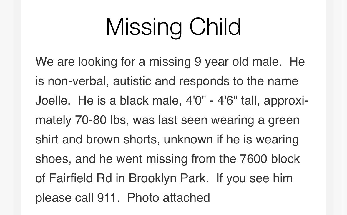 Missing child in Brooklyn Park