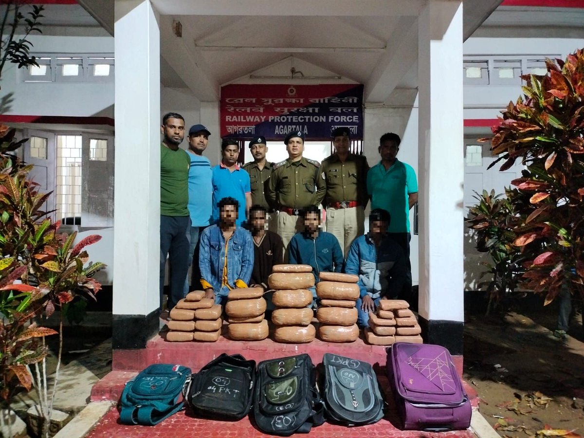 #OperationNARCOS
<a href="/RPF_INDIA/">RPF INDIA</a> <a href="/drm_lmg_nfr/">मं.रे.प्र.लामडिंग, पू.सी.रेलवे / DRM LUMDING NFR</a> <a href="/RailMinIndia/">Ministry of Railways</a> <a href="/zscrnfr/">ZSCRNFR</a>
<a href="/rpfpcagtl/">RPF post Agartala</a> 
On 22.02.24 RPF NFR, LMG Division team of #RPF_Agartala arrested 04 persons with recovered 46 kgs Cannabis, worth Rs. 460000/- from AGTL railway station &amp; handed over to GRP/AGTL for legal action.