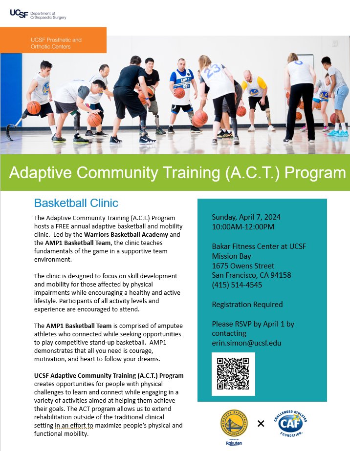 Annual Event: Adaptive Community Training w/ Warriors Basketball Academy, AMP1 Basketball Sunday, April 7, 2024 10:00AM-12:00PM Bakar Fitness Center at UCSF Mission Bay Led by the Warriors Basketball Academy, AMP1 Basketball and UCSF staff. orthosurgery.ucsf.edu/outreach/local…