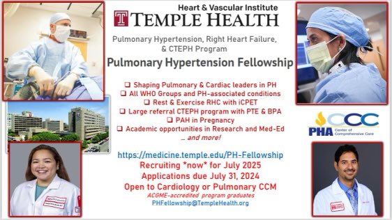 Looking for cardiology 🫀 or pulmonary CCM 🫁 fellows interested in #PH , RHF and #CTEPH. We are recruiting #now for the @TempleHealth Pulmonary Hypertension Fellowship. medicine.temple.edu/departments-ce… My personal fav: exercise physiology or #PAH in 🤰🏻 Send a message if interested