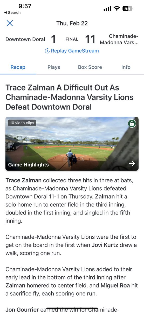 Chaminade-Madonna improves to 2-0 under first-year head coach Mark McCoy with an 11-1 win over Downtown Doral.

Trace Zalman - 3 H, 2B, HR
Miguel Roa - 1 H, 3 RBI
Joseph Billisi - 2 H, 2B, 2 RBI

Jon Gourrier - 4 IP, 1 H, 0 R, 1 BB, 5 K
Michael Gine - 2 IP, 2 H, 1 ER, 0 BB, 4 K