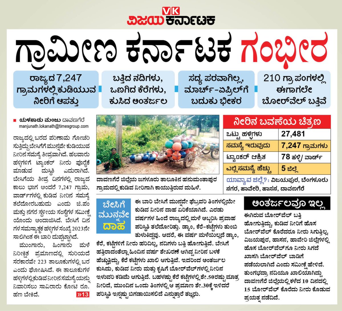 Karnataka water# ಗ್ರಾಮೀಣ ಕರ್ನಾಟಕ ಗಂಭೀರ, ರಾಜ್ಯದ 7247 ಗ್ರಾಮಗಳಲ್ಲಿ ಕುಡಿಯುವ ನೀರಿಗೆ ಆಪತ್ತು <a href="/editor_vk/">VK Editor</a> <a href="/Sudarshanvk2/">Sudarshan Channangihalli</a> <a href="/RajeevaVK/">Rajeeva C J</a> <a href="/shhargiVK/">sadananda</a> <a href="/yalanadumanju/">Yalanadu Manju VK</a> <a href="/CMofKarnataka/">CM of Karnataka</a> <a href="/siddaramaiah/">Siddaramaiah</a> <a href="/BJP4Davangere/">BJP Davangere</a> <a href="/CTRavi_BJP/">Ravi C T 🇮🇳 ರವಿ ಸಿ ಟಿ</a>