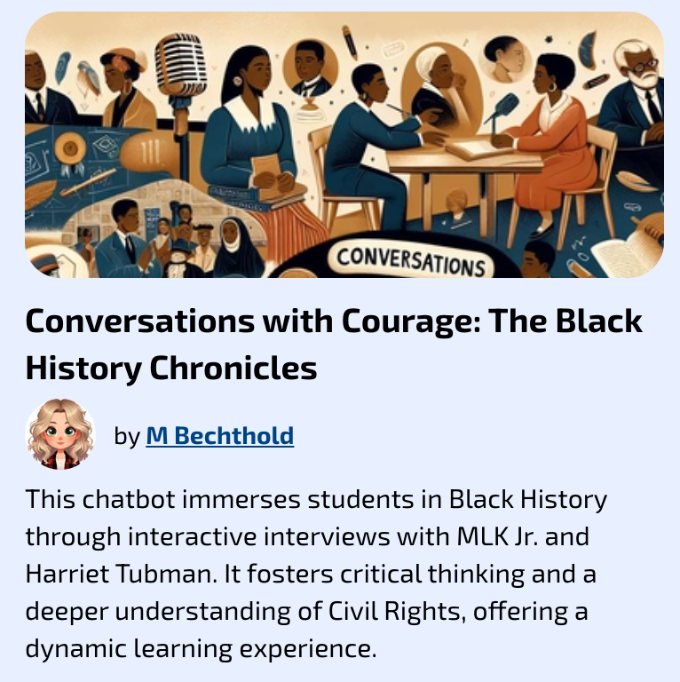 michbech1976's tweet photo. Showcased https://t.co/FeGWi3uItv  to 200 teachers at @palliserc convention! It can revolutionize #SEL with teacher created chatbots inspired by visionaries like MLK Jr., deepening student engagement. Ready to transform your classroom with Ai? Let's chat! #EdTech #MizouAI https://t.co/Yc16p7Gcda